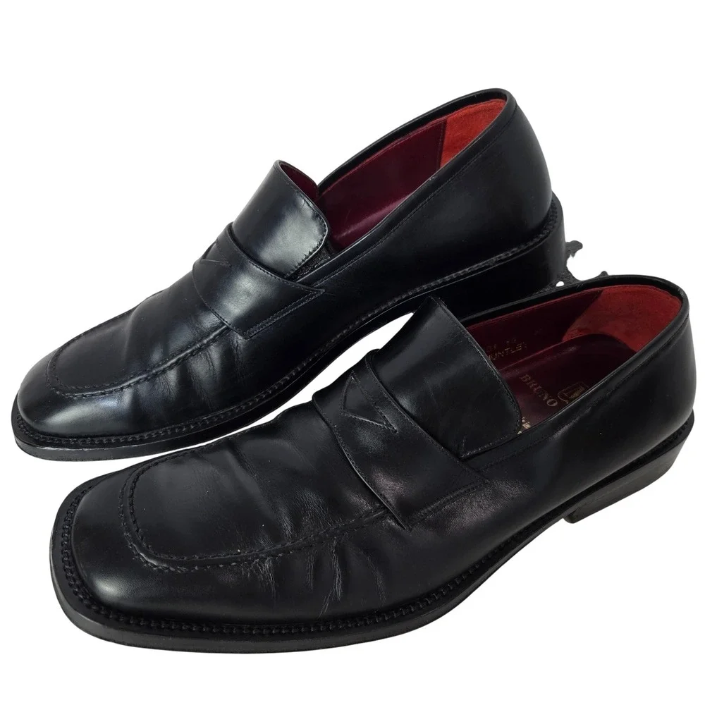 Bruno Magli Size 10 Huntley Penny Loafers Black Italian Leather Square Toe #1116